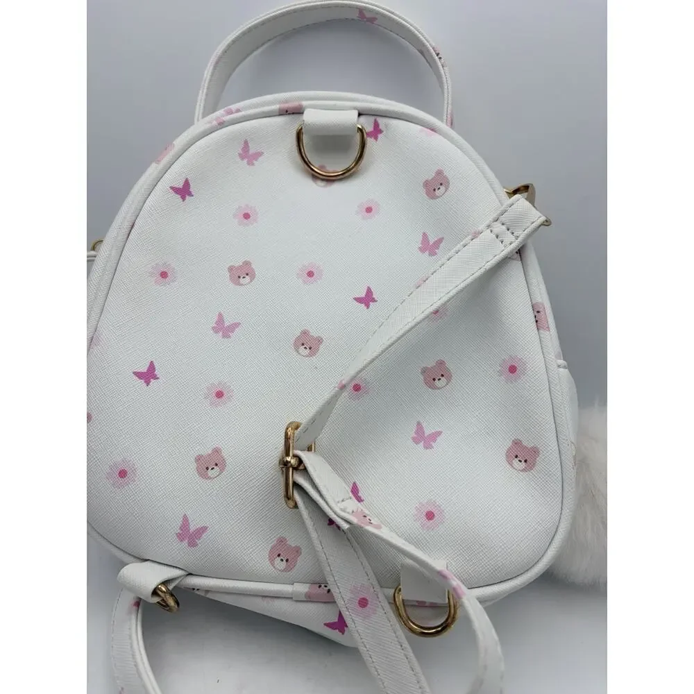 UNDER ONE SKY Mini Backpack Purse White Pink Bear Print Bow Bag Charm